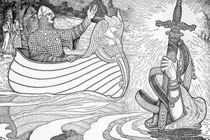 Representation av Lady of the Lake (fee viviane), karaktären hos Arthurlegenderna, som ger kung Arthur anten Excalibur (Arthurisk legend: Lady of the Lake (Nimue, Viviane) ger kung Arthur sitt svärd Excalibur) Illustration av Louis Rhead (1858) -1
