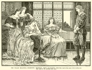 Palatset vackert, diskretion, försiktighet, fromhet och välgörenhet (gravyr) av Louis John Rhead