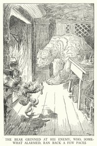 Björnen flinade mot sin fiende, som, något oroad, sprang tillbaka några steg (litho) av Louis John Rhead