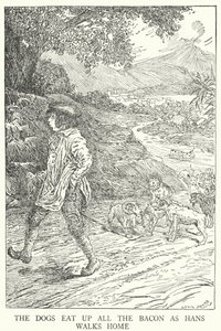 Hundarna äter upp allt bacon när Hans går hem (litho) av Louis John Rhead