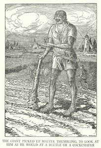 Jätten tog upp Master Thumbling för att titta på honom som han skulle på en skalbagge eller en cockchafer (litho) av Louis John Rhead