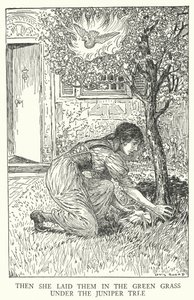 Hon lade dem i det gröna gräset under enbärsträdet (litho) av Louis John Rhead