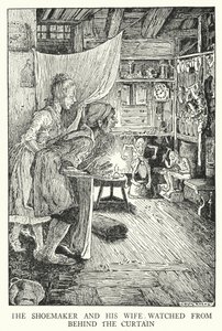 Skomakaren och hans fru tittade bakom gardinen (litho) av Louis John Rhead