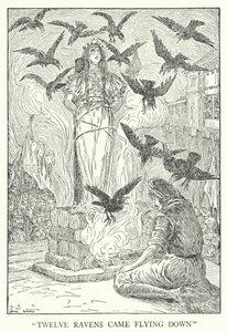 "Tolv korpar kom flygande ner" (litho) av Louis John Rhead