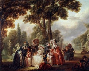 Sammansatt i en park Reunion världsliga av adelsmän i en trädgård. Målning av Louis Joseph Watteau dit Watteau de Lille (1731-1798). 1700-talet. Paris. Musee Cognacq Jay