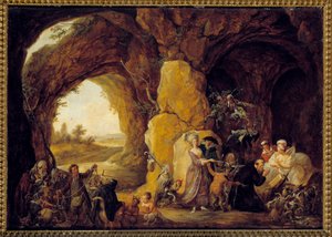Frestelsen av Sankt Antonius Eremiten Sankt Antonius den store (251-356) (eller Sankt Antonius eremit eller Sankt Antonius abbe) utsätts för djävulens frestelser i öknen. Målning av Louis Joseph Watteau dit Watteau de Lille (1731-179