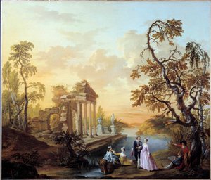 Hyllning till kärleksromantisk scen i ett landskap av antika ruiner i skymningen. Målning av Louis Joseph Watteau dit Watteau de Lille (1731-1798)