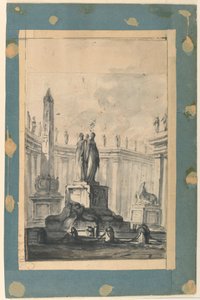 Teckning, Arkitektonisk fantasi med fontän och obelisk, ca 1745 av Louis Joseph Le Lorrain
