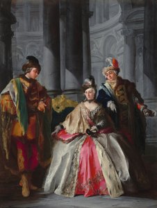 Tre figurer klädda för en maskerad, ca. 1740-talet.
