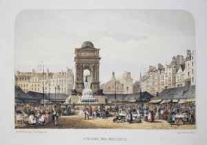 Fountain of the Innocents (Fountain of the Nymphs), Paris. Litografi akvarell, illustration av Arnout, i "Album, souvenirs de Paris", Daziaro redaktör, Paris av Louis Jules Arnout