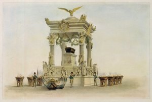 Kistan för Napoleon I Bonaparte (1769-1821) i Invalides-kyrkan (Paris, Frankrike). (Napoleons kista i kyrkan vid Les Invalides). Verk av Louis Jules Arnout (1814-1868), litografi och akvarell. Fransk 1800-talskonst, klassicism.