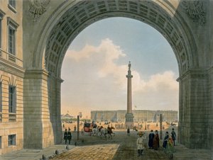 Palace Square, utsikt från arméns båge högkvarter, St. Petersburg, tryckt av Lemercier, Paris, 1840-talet (lito i färg)