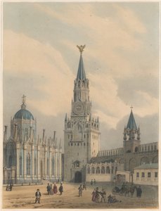 Spasskaya Tower Savior Gates och Saint Catherine Church of Ascension Convent i Moskva Kr. av Louis Jules Arnout