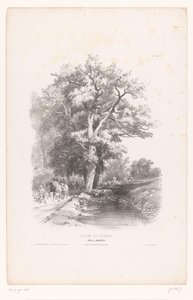 Jägare med hundar längs ett dike i en skog Landskapsritningskurs (serietitel) Cours de Paysage (serietitel på objekt) av Louis Julien Jacottet