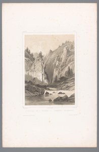 Vy över en bro över en klippravin i Telemark Le Wrangefos dans le Tellemark / Wrangefòs i Tellemarken (titel på objekt) Faces in Scandinavia (serietitel) Vues du Nord. Norvege (serietitel)