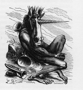 AMDUSCIAS demon i Ars Goetia - Amdusias - demon som härrör från goetie-tro (konst och utövande av åkallande av demoner) - i "The infernal dictionary" av Collin de Plancy - Gravyr av L. Breton. Paris