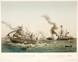 Combat Naval entre le Kearsage & l?Alabama,pub. 1864 (färglitografi) av Louis Le Breton