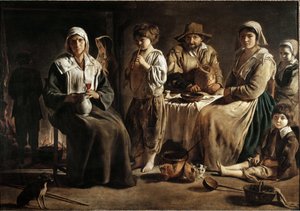 En familj av bönder i en interiör - olja på duk