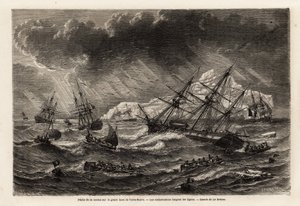 Torskfiske på Grand Bank of Newfoundland, båtarna följer linjerna, ritade av Lebreton, för att illustrera resan till Newfoundland 1860 av A. de Gobineau. Gravyr i "" Le tour du monde"", redigerad av Edouard Charton