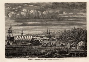 Förberedelse av torsk vid Cap Rouge-bukten, rensning av fisken och insamling av lever för att utvinna olja från strejken, sedan saltning i kabinen på pålar, teckning av Lebreton, för att illustrera resan till Newfoundland 1860 av A. de Gobineau. Gravyr i "