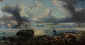 Korvetternas strandning i Mauvaiskanalen, Torres sund 1843 (olja på duk) av Louis Lebreton