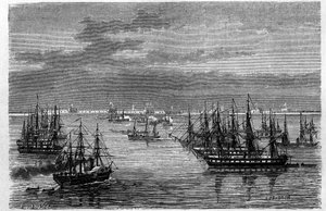 Vy över den franska Anglo-skvadronen i mynningen av Hai He-floden i Bohaihavet i Tanggu, Kina. Gravyr av Lebreton, i "" Le Tour du Monde, Nouveau journal des Voyages", redigerad av Edouard Charton, Paris