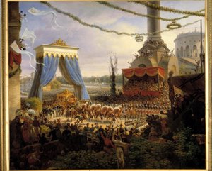Entre de Charles X à Paris efter kröningen den 6/06/1825. Den kungliga vagnen välkomnades vid Barriere de la Villette av det kommunala organet i Paris med i spetsen prefekten av departementet Seine, Greven av Chabrol Målning av Louis Fra av Louis Lejeune