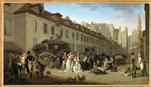 Ankomsten av en diligens på gården till Messageries, rue Notre-Dame-des-Victoires, i Paris ... av Louis Leopold Boilly