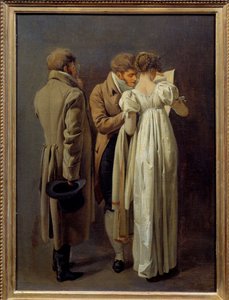 Tryckälskare Unga människor vetus i det första imperiets mode överväger ett tryck. Målning av Louis Leopold Boilly (1761-1845) 1810. Sol 0,32x0,24 m av Louis Leopold Boilly