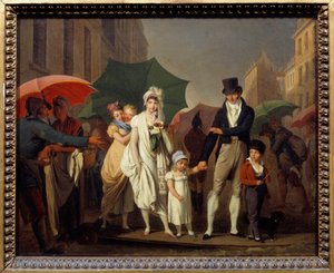 Bourgeois duschar i Paris Premier Empire-mode och skyddar sig mot regnet. Målning av Louis leopold Boilly (1761-1845) 1800-talet sön. 0,32x0,4 m - Regnskuren. Parisare borgerliga klädda i First Empire mode skydda sig fr av Louis Leopold Boilly