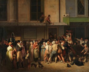 Ingången till Théâtre de lAmbigu-Comique på dagen för en gratis föreställning, ca 1819. av Louis Leopold Boilly