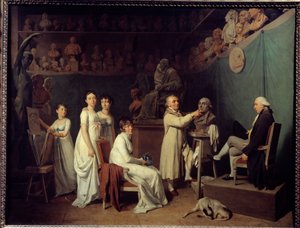 Skulptören Jean Baptiste Houdons (1741-1828) verkstad. Skulptörens modell var matematikern Pierre-Simon Laplace (1749-1827) Marquis de Laplace i närvaro av hans fru och döttrar. Målning av Louis Leopold Boilly (1761-1845) 1804 Paris, De av Louis Leopold Boilly