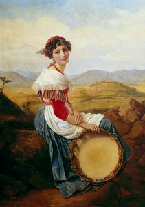 Porträtt av en bonde från Roms landsbygd En ung italiensk musiker som håller en tamburin. Målning av Louis Leopold Robert (1794-1835) 1824 Dim. 0,46 x 0,37 m.