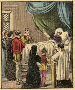 St Francis de Sales död - Saint Francois-de-Sales (Saint Francois de Sales) död (1567-1622) - Gravyr från "" Religiös undervisning vid ögonen. Underbart album” av Louis Maitrejean och Georget Ramond - Frankrike 1910