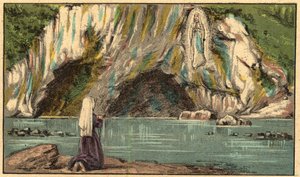Jungfru Marias uppenbarelse i Lourdes - Jungfrun visar sig för Bernadette Soubirous (1844-1879) i Lourdes 1858 - - Gravyr från "" Religiös undervisning med ögonen. Underbart album” av Louis Maitrejean och Georget Ramond - Frankrike 1910
