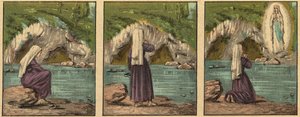 Jungfru Marias uppenbarelse i Lourdes - Jungfrun visar sig för Bernadette Soubirous (1844-1879) i Lourdes 1858 - - Gravyr från "" Religiös undervisning med ögonen. Underbart album” av Louis Maitrejean och Georget Ramond - Frankrike 1910