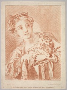 En ung flicka som håller en katt, 1769. av Louis Marin Bonnet