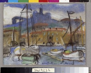 La Bonne Mère Vue de Marseille från hamnen med Cathedrale Notre Dame de la Garde (Notre-Dame-de-la-Garde), även kallad "Bonne Mère". Pastellfärgad av Louis Mathieu Verdilhan (1875-1928) Obligatorisk omnämnande: Samlingens grundutseende från Provence, Marse
