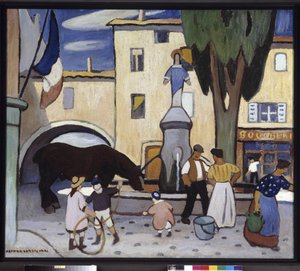 Fontänen Trets med en svart häst Målning av Louis-Mathieu Verdilhan (1875-1928) 1900-talet Obligatoriskt omnämnande: Samlingsstiftelsens hälsningar från Provence, Marseille