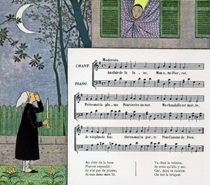 Partitur och illustration av barnsången "At Moonlight" av Louis Maurice Boutet de Monvel