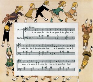 Partitur och illustration av barnsången "In Single File" av Louis Maurice Boutet de Monvel