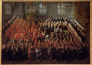 Rättvisans bädd som innehas av Ludvig XV (1710-1774) i Storkammaren i Paris parlament för att bryta Ludvig XIV:s vilja (1638-1715) av Louis Michel Dumesnil