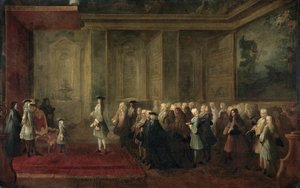 Mottagandet av Cornelis Hop (1685-1762) som legat för generalstaterna vid Ludvig XV:s domstol, 24 juli 1719 av Louis Michel Dumesnil
