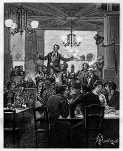 I mitten, på ett bord, leder Desroches charivari. Scen på ett parisiskt kafé: människor sjunger, dricker, röker, chattar och flirtar runt bord. I "" Trento ans de Paris"" självbiografisk samling av Alphonse Daudet (1840-1897). Gravyr efter Monteguts