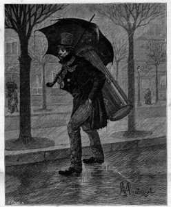 Dålig skörd! Stackars våta cikada! ... Trumspelare i misär går i regnet på Paris gator. I "" Trento ans de Paris"" självbiografisk samling av Alphonse Daudet (1840-1897). Gravyr efter Monteguts illustrationer i "" Le Monde illustriou
