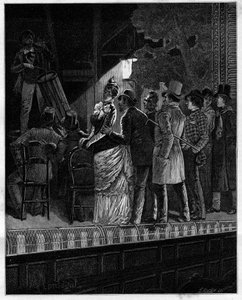 Vilken effekt, herregud, gav den här skeptiska publiken denna rustika musik... Åskådare som lyssnar på en trumspelare. I "" Trento ans de Paris"" självbiografisk samling av Alphonse Daudet (1840-1897). Gravyr efter Monteguts illustrationer i "" Le