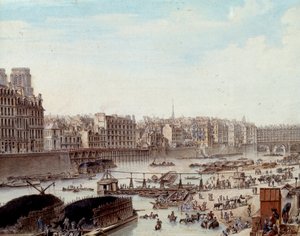 Maritimt liv på hamnen i hamnen i Paris 1782 Peniches och kommersiella aktiviteter på Seine. Detalj. Teckning av Louis de Lespinasse (1734-1808) 1782. Paris, Musee Carnavalet
