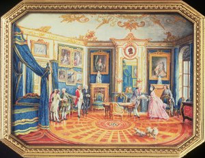Lock till en snusdosa tillverkad av Louis Roucel (d.1787) som visar ett rum i dess vintermöbler på Hotel de Choiseul, ca 1770 (emalj)