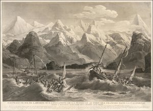 1786 års gravyr av ett skeppsbrott med två små båtar som ingick i La Perouse-expeditionen av Louis Philippe Crepin