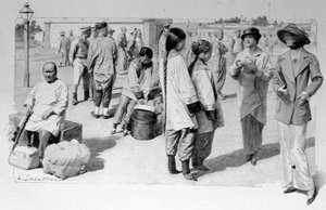 Kinesiska och europeiska resenärer från Transsibirien under en mellanlandning. 1913. Ill. de Sabatier